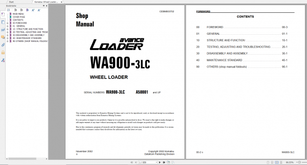 Komatsu Wheel Loader WA900 3LC Shop Manual CEBM003702 2002