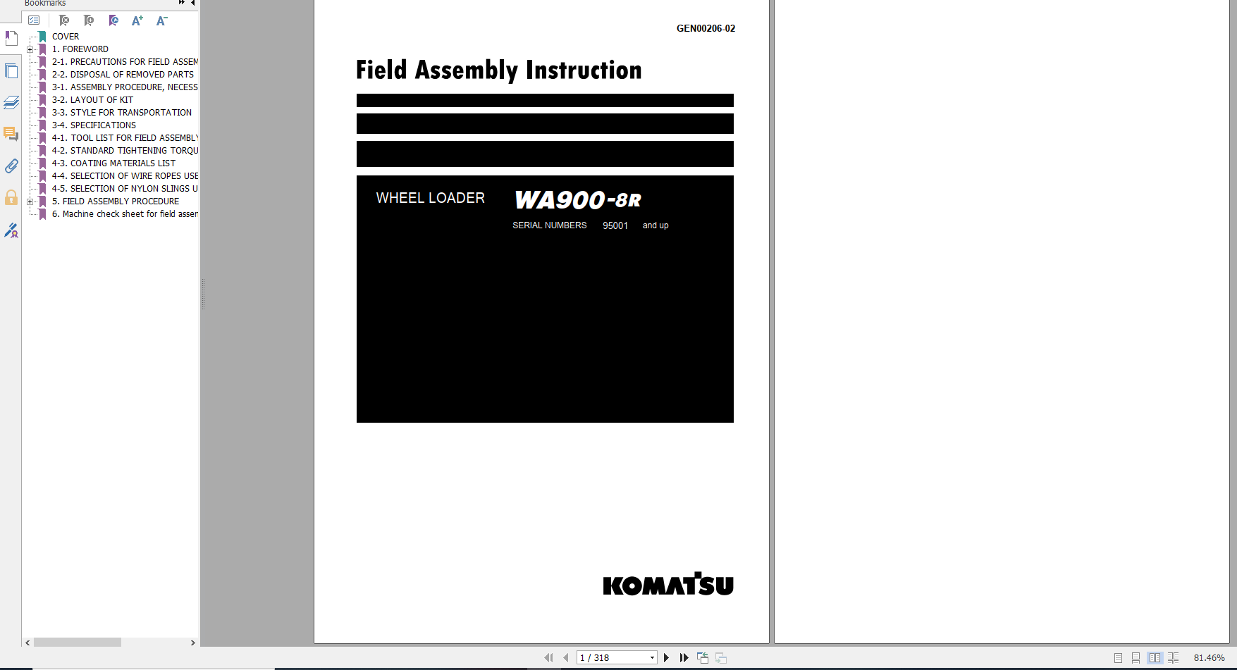 Komatsu Wheel Loader WA900 8R Field Assembly Instruction GEN00206 02 2020