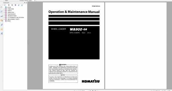 Komatsu Wheel Loader WA900 8R Operation Maintenance Manual PEN01369 04 2020