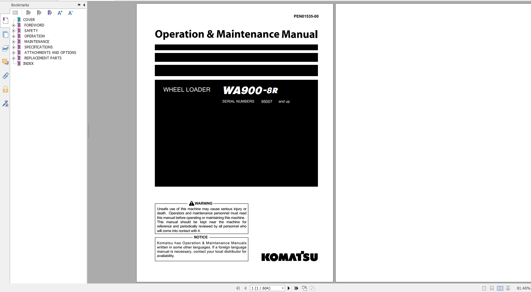 Komatsu Wheel Loader WA900 8R Operation Maintenance Manual PEN01535 00 2020