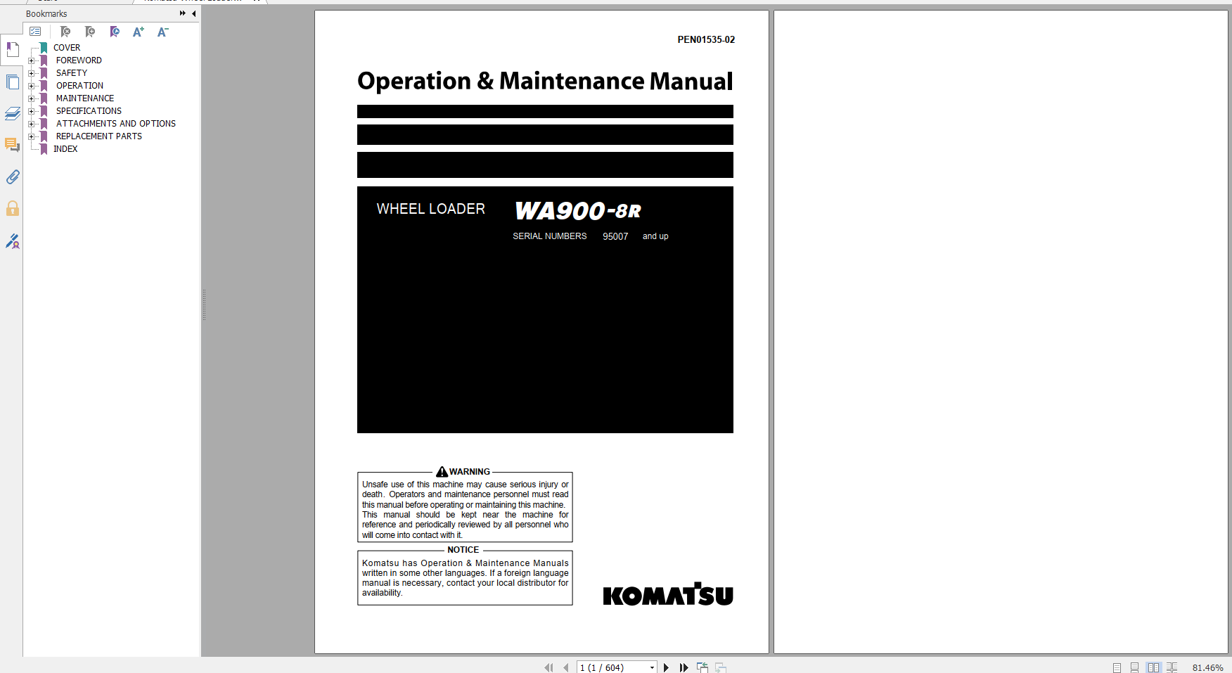 Komatsu Wheel Loader WA900 8R Operation Maintenance Manual PEN01535 02 2021