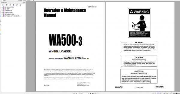 Komatsu Wheel loader WA500 3 Operation Maintenance Manual CEAM001401 2016
