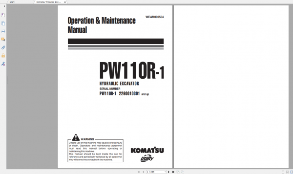 Komatsu Wheeled Excavator PW110R 1 Operation Maintenance Manual WEAM000504 2006