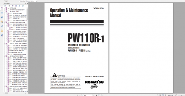 Komatsu Wheeled Excavator PW110R 1 Operation Maintenance Manual WEAM012700 2009