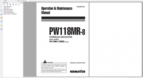 Komatsu Wheeled Excavator PW118MR 8 Operation Maintenance Manual WEAM014901 2012
