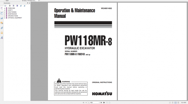 Komatsu Wheeled Excavator PW118MR 8 Operation Maintenance Manual WEAM014902 2014
