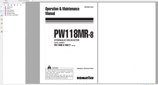 Komatsu Wheeled Excavator PW118MR 8 Operation Maintenance Manual WEAM014903 2014