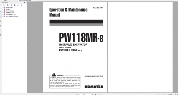 Komatsu Wheeled Excavator PW118MR 8 Operation Maintenance Manual WEAM014904 2015