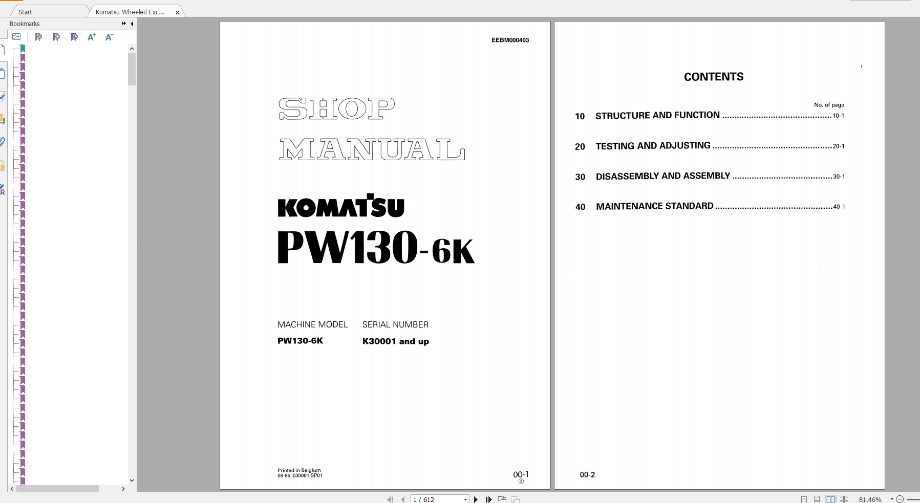 Komatsu Wheeled Excavator PW130 6K Shop Manual EEBM000403