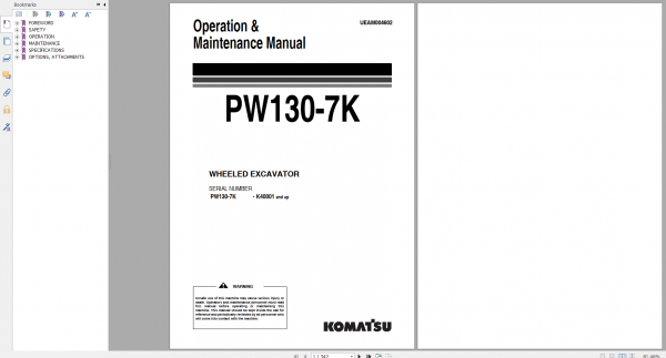 Komatsu Wheeled Excavator PW130 7K Operation Maintenance Manual UEAM004602 2005