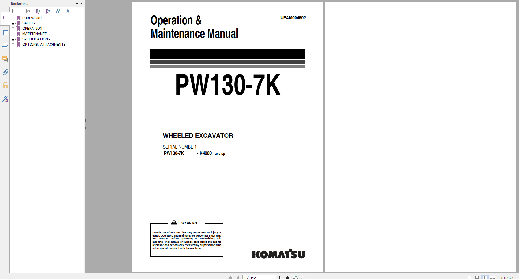 Komatsu Wheeled Excavator PW130 7K Operation Maintenance Manual UEAM004602 2005