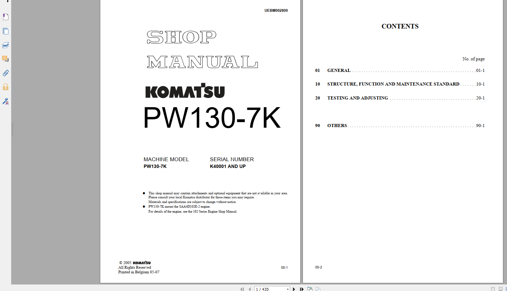Komatsu Wheeled Excavator PW130 7K Shop Manual UEBM002800 2005