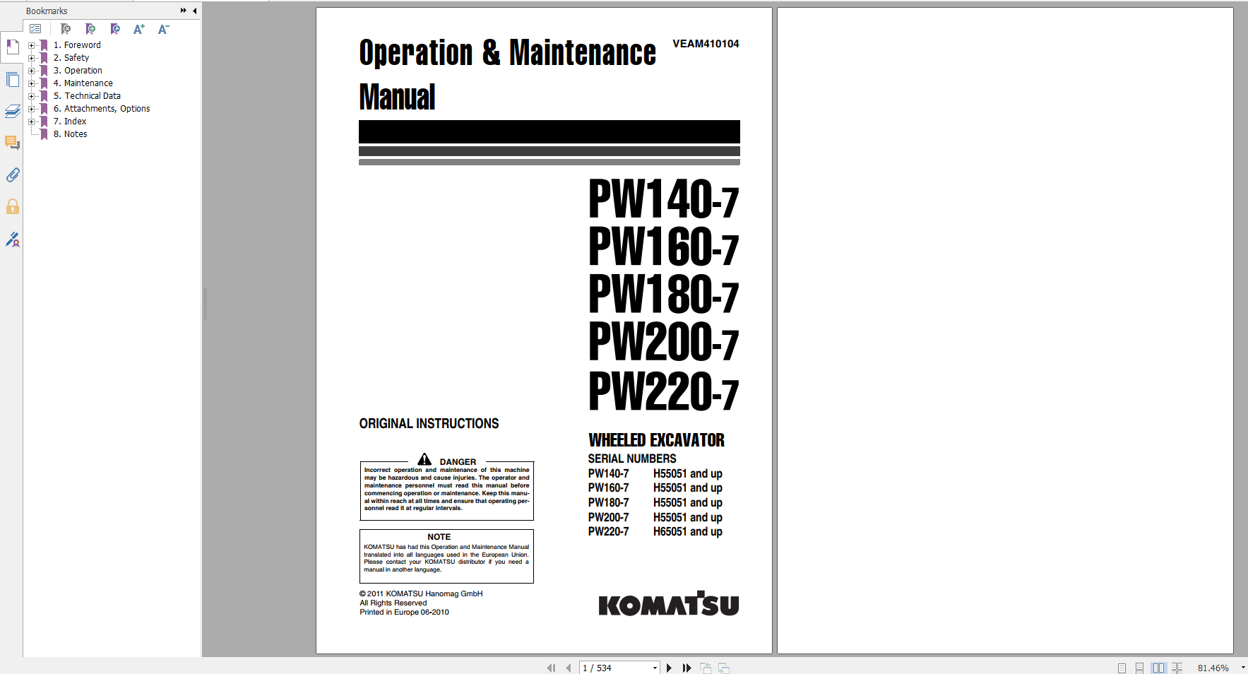 Komatsu Wheeled Excavator PW140 7 PW160 7 PW180 7 PW200 7 PW220 7 Operation Maintenance Manual