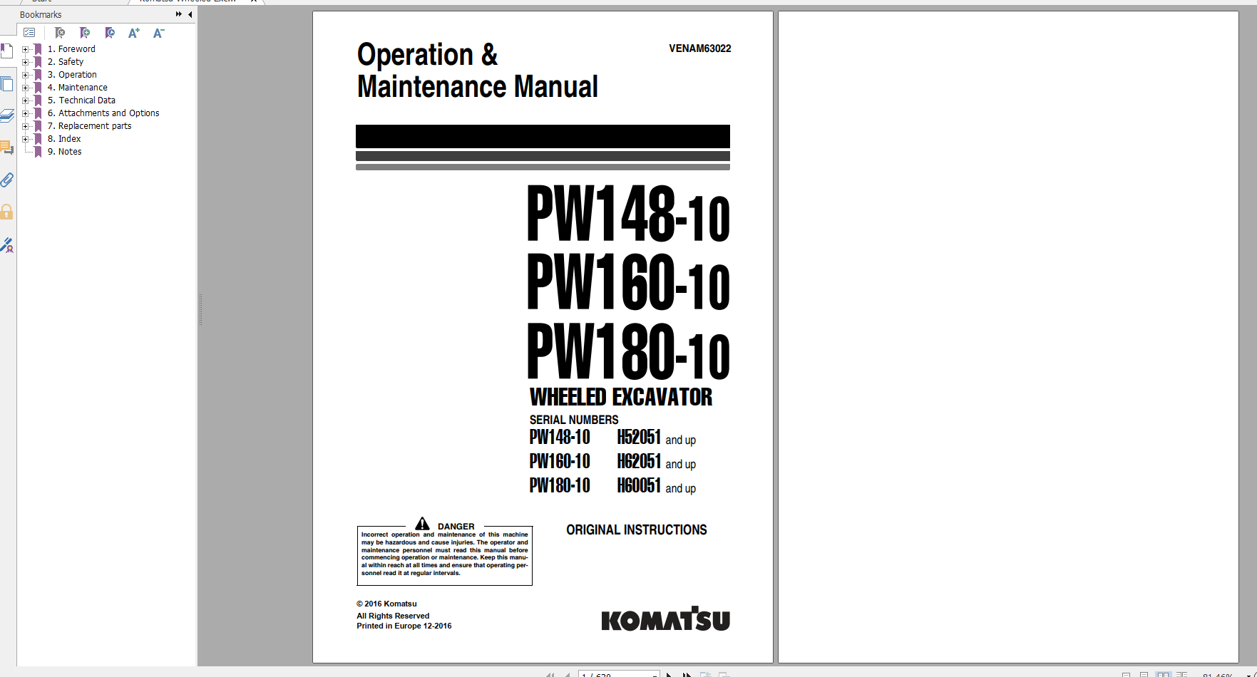 Komatsu Wheeled Excavator PW148 10 PW160 10 PW180 10 Operation Maintenance Manual VENAM63022 2016