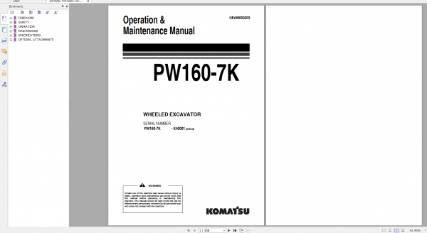 Komatsu Wheeled Excavator PW160 7K Operation Maintenance Manual UEAM003203 2005