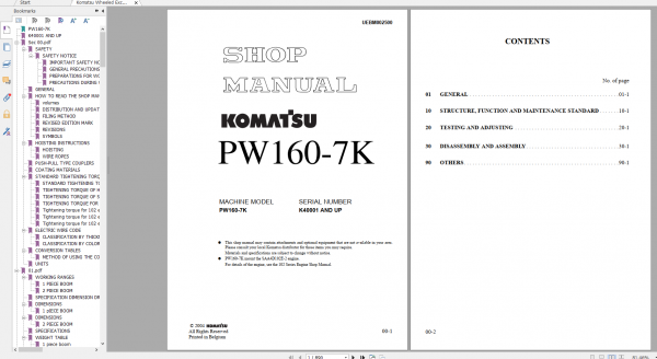 Komatsu Wheeled Excavator PW160 7K Shop Manual UEBM002500 2004