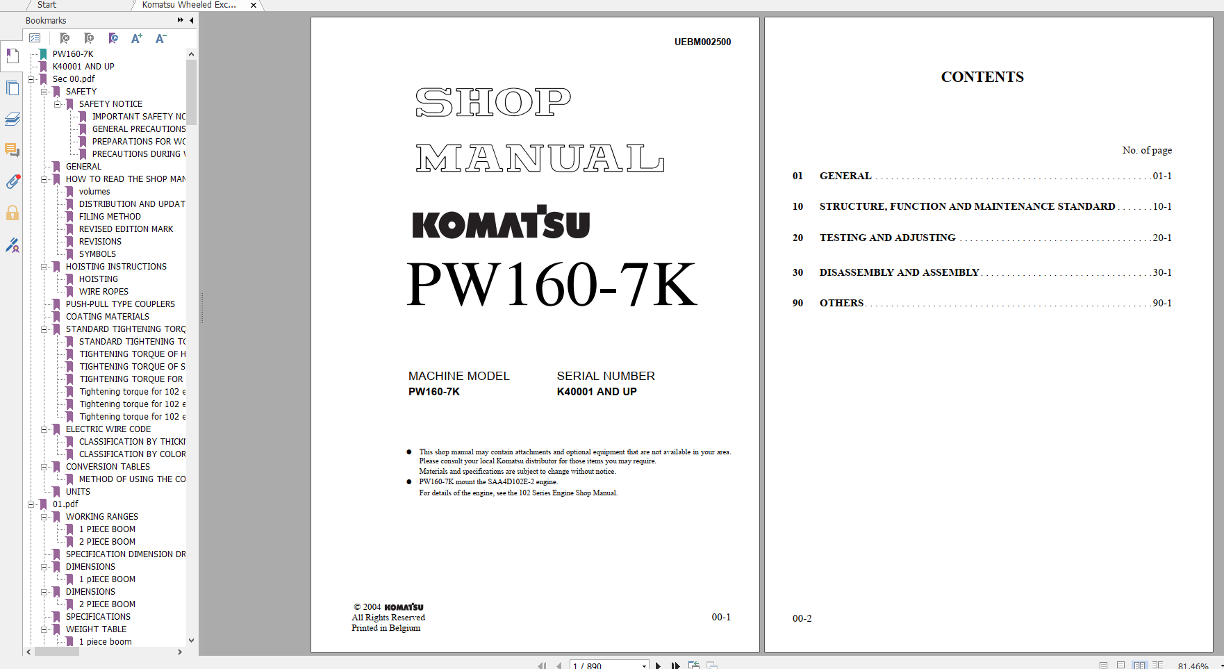 Komatsu Wheeled Excavator PW160 7K Shop Manual UEBM002500 2004