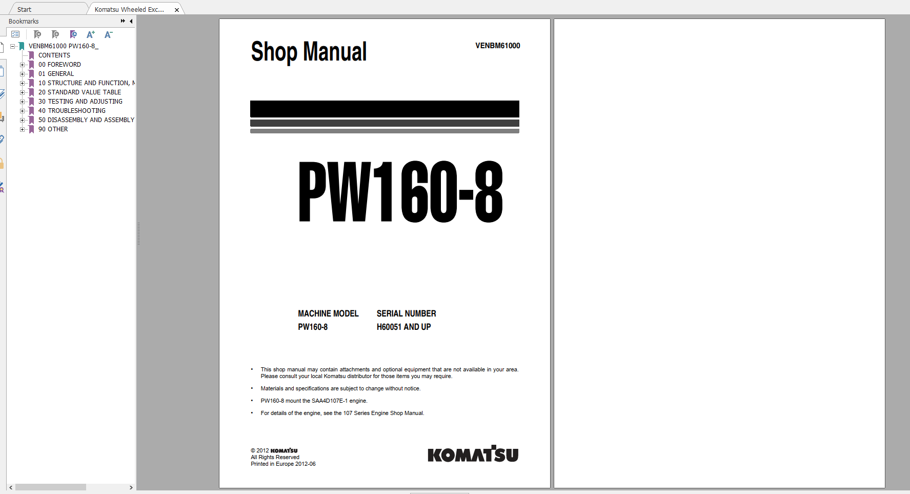 Komatsu Wheeled Excavator PW160 8 Shop Manual VENBM61000 2012
