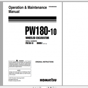 Komatsu Wheeled Excavator PW180 10 Operation Maintenance Manual VENAM63000 2013