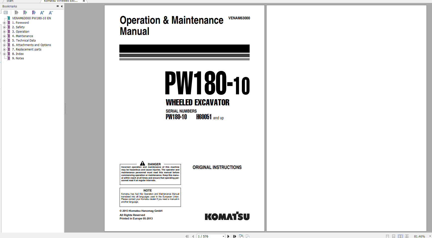 Komatsu Wheeled Excavator PW180 10 Operation Maintenance Manual VENAM63000 2013