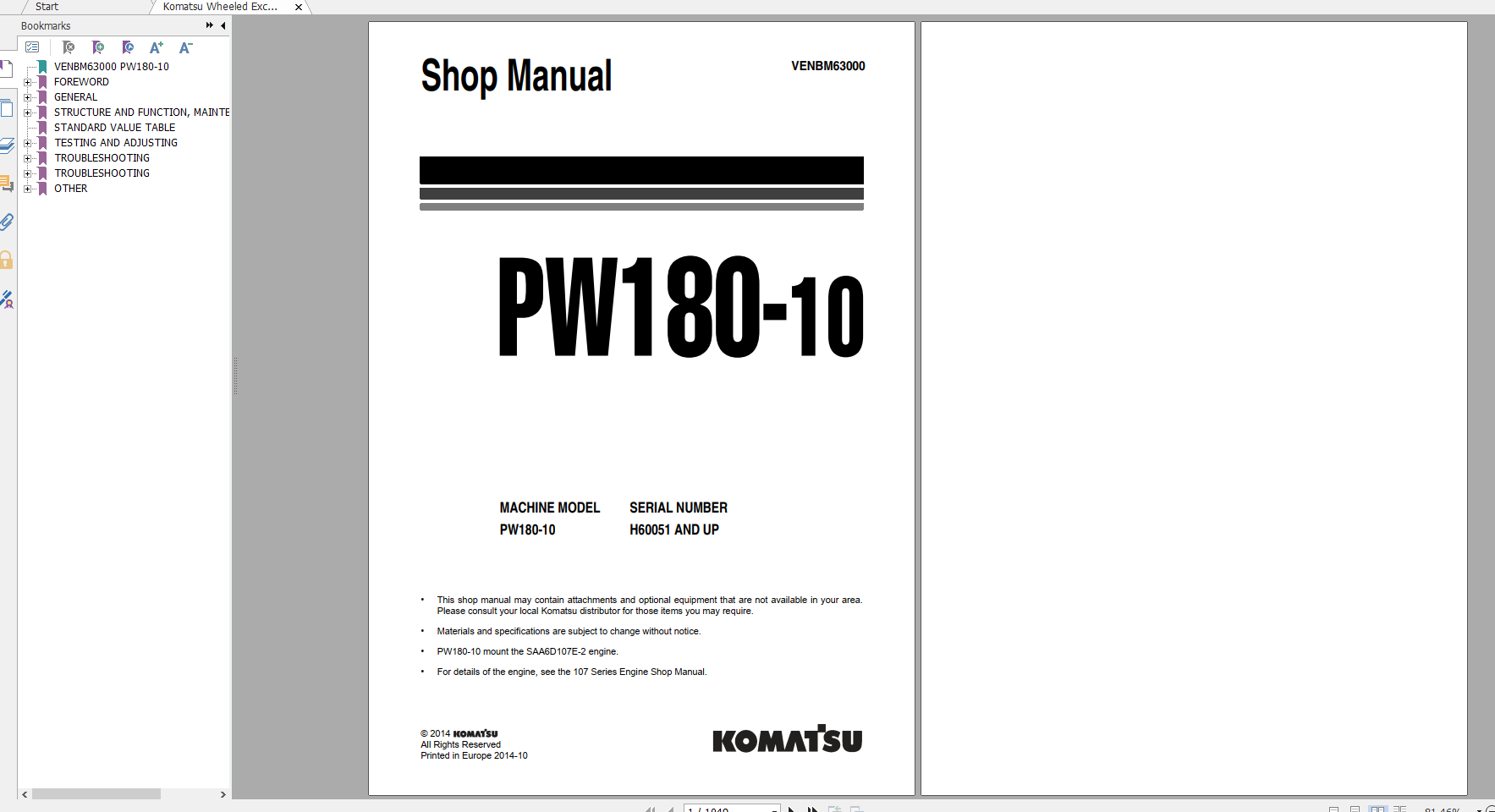 Komatsu Wheeled Excavator PW180 10 Shop Manual VENBM63000 2014