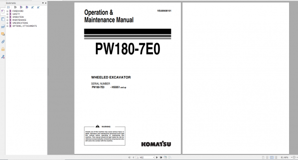 Komatsu Wheeled Excavator PW180 7E0 Operation Maintenance Manual VEAM400101 2008