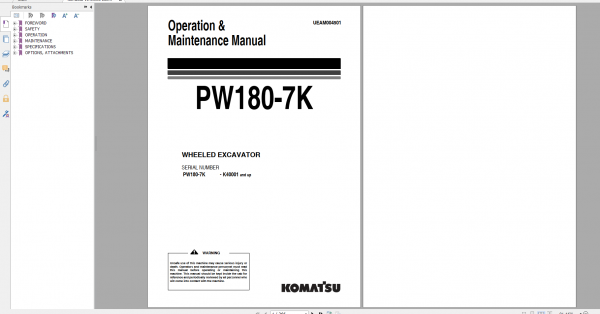 Komatsu Wheeled Excavator PW180 7K Operation Maintenance Manual UEAM004501 2005