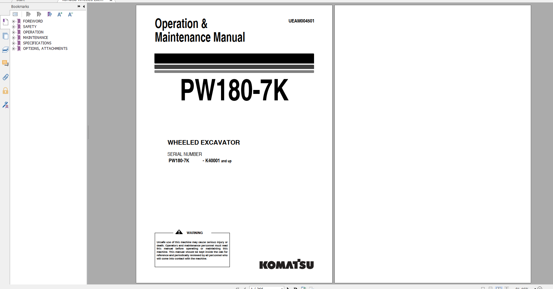 Komatsu Wheeled Excavator PW180 7K Operation Maintenance Manual UEAM004501 2005