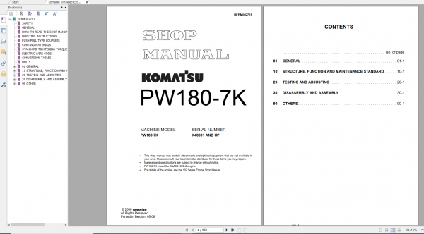 Komatsu Wheeled Excavator PW180 7K Shop Manual UEBM002701 2006