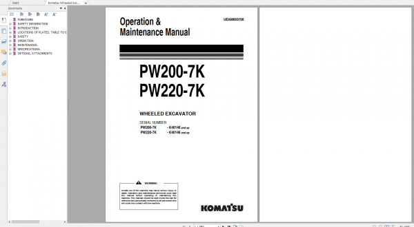 Komatsu Wheeled Excavator PW200 7K PW220 7K Operation Maintenance Manual UEAM003700 2004