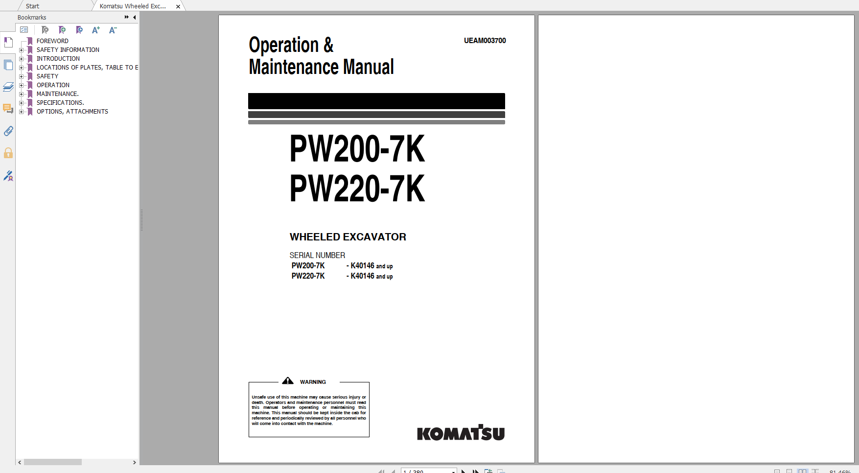 Komatsu Wheeled Excavator PW200 7K PW220 7K Operation Maintenance Manual UEAM003700 2004