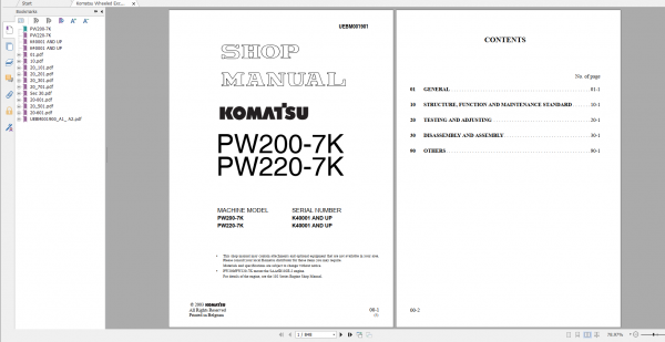 Komatsu Wheeled Excavator PW200 7K PW220 7K Shop Manual UEBM001901 2003