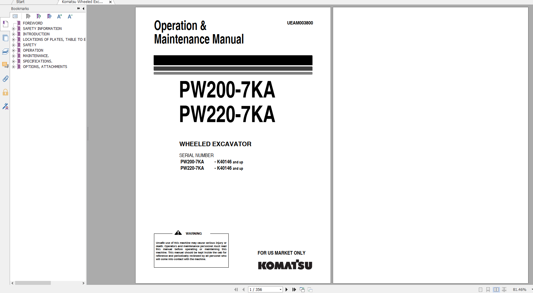 Komatsu Wheeled Excavator PW200 7KA PW220 7KA Operation Maintenance Manual UEAM003800 2004