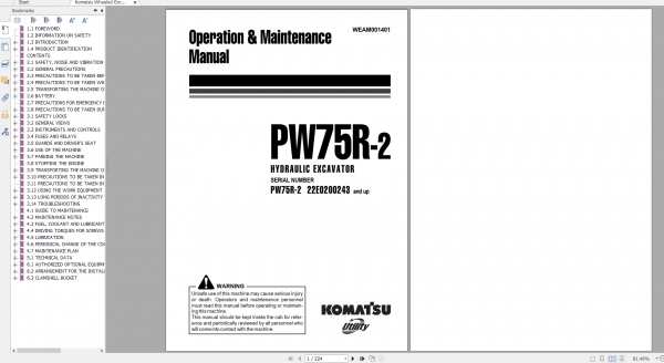 Komatsu Wheeled Excavator PW75R 2 Operation Maintenance Manual WEAM001401