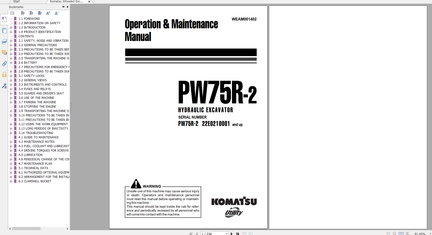 Komatsu Wheeled Excavator PW75R 2 Operation Maintenance Manual WEAM001402