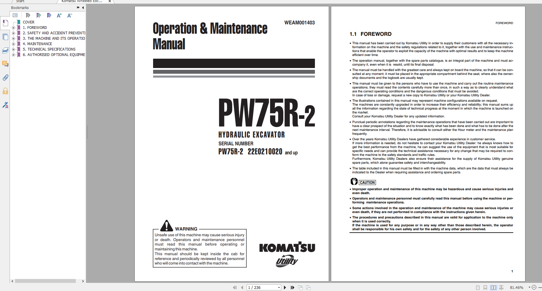 Komatsu Wheeled Excavator PW75R 2 Operation Maintenance Manual WEAM001403