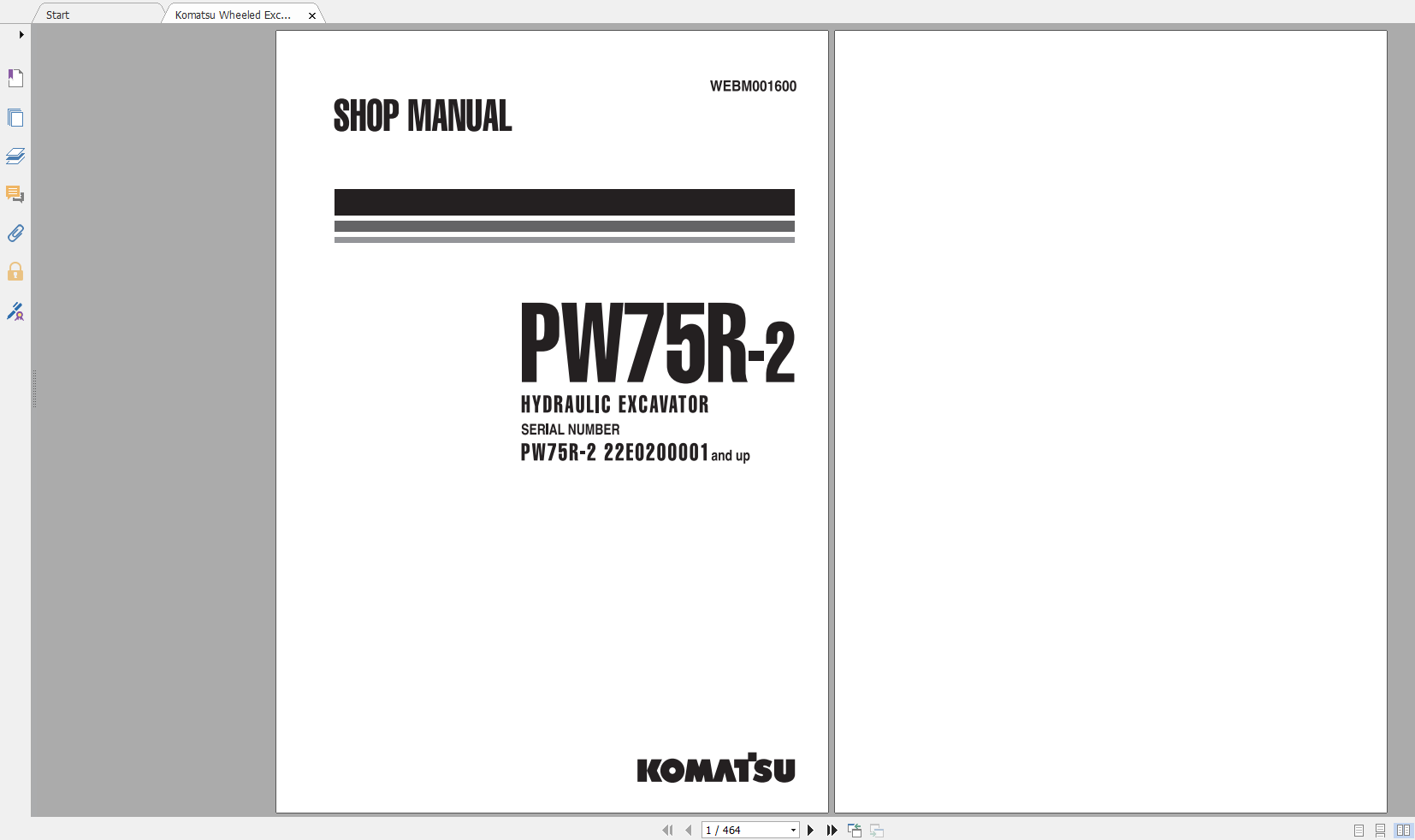 Komatsu Wheeled Excavator PW75R 2 Shop Manual WEBM001600