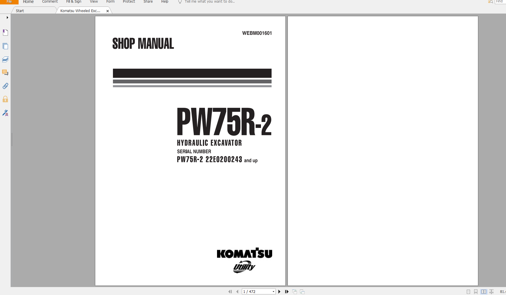 Komatsu Wheeled Excavator PW75R 2 Shop Manual WEBM001601