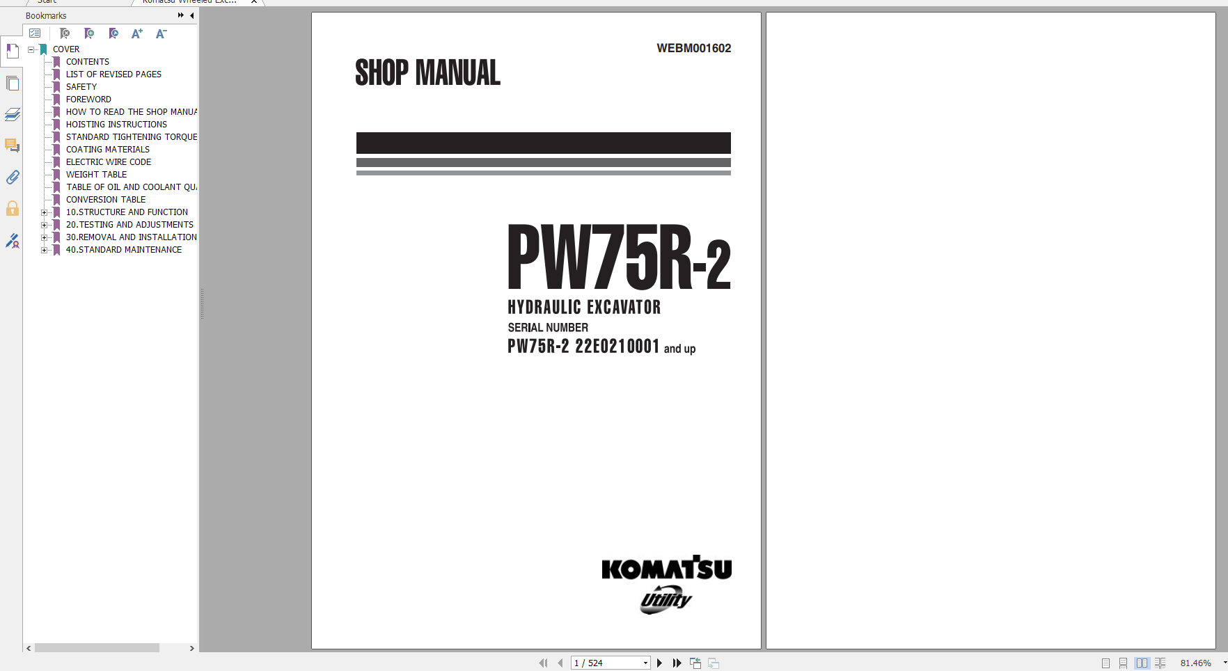 Komatsu Wheeled Excavator PW75R 2 Shop Manual WEBM001602 2003