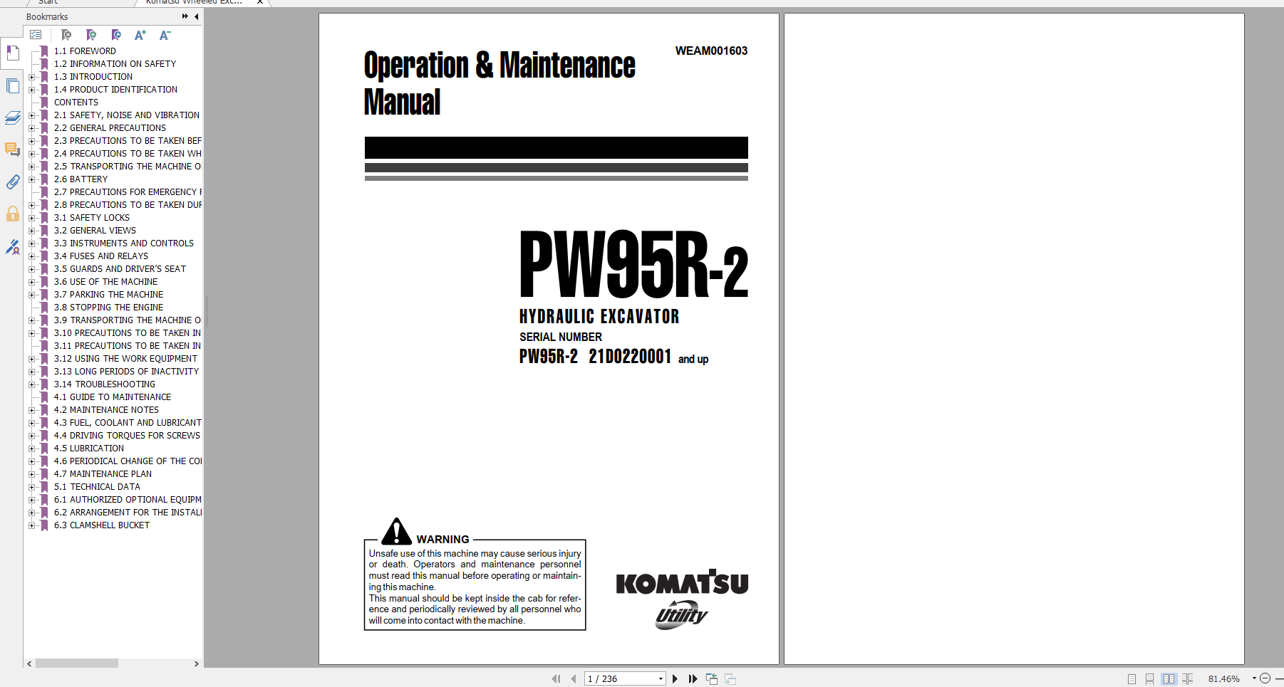 Komatsu Wheeled Excavator PW95R 2 Operation Maintenance Manual WEAM001603