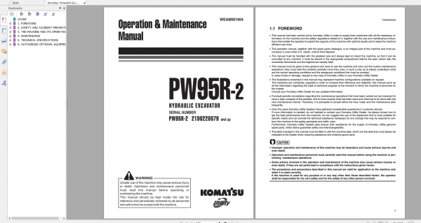 Komatsu Wheeled Excavator PW95R 2 Operation Maintenance Manual WEAM001604 2004