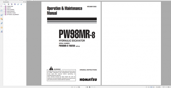Komatsu Wheeled Excavator PW98MR 8 Operation Maintenance Manual WEAM015002 2014