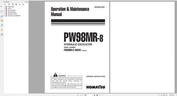 Komatsu Wheeled Excavator PW98MR 8 Operation Maintenance Manual WEAM015003 2014