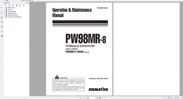 Komatsu Wheeled Excavator PW98MR 8 Operation Maintenance Manual WEAM015004 2015