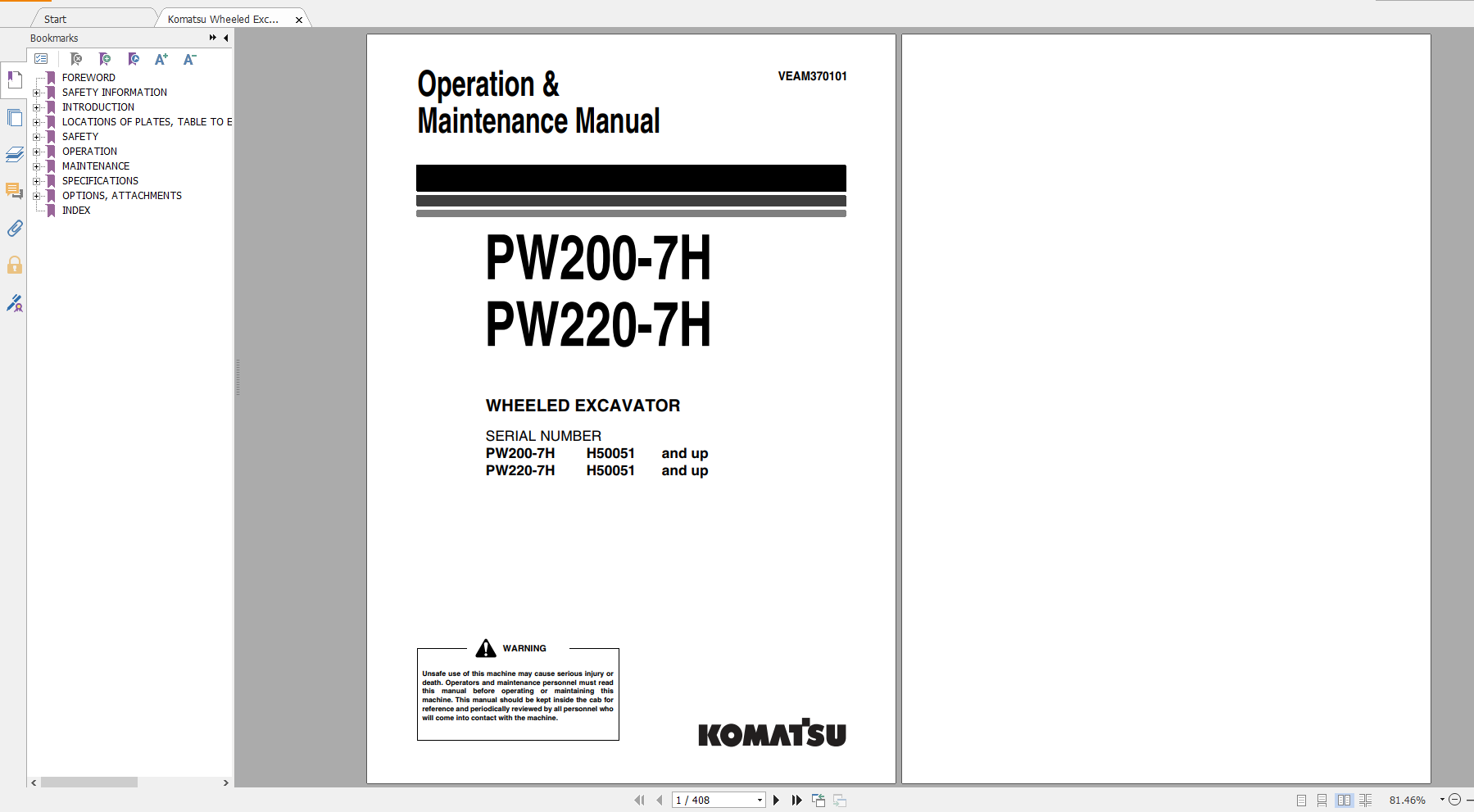 Komatsu Wheeled Excavator WA200 7H WA220 7H Operation Maintenance Manual VEAM370101 2011