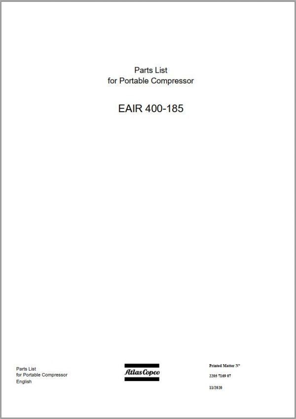 Atlas Copco Portable Compressors EAIR 400 185 Parts List 2205 7169 07 2020