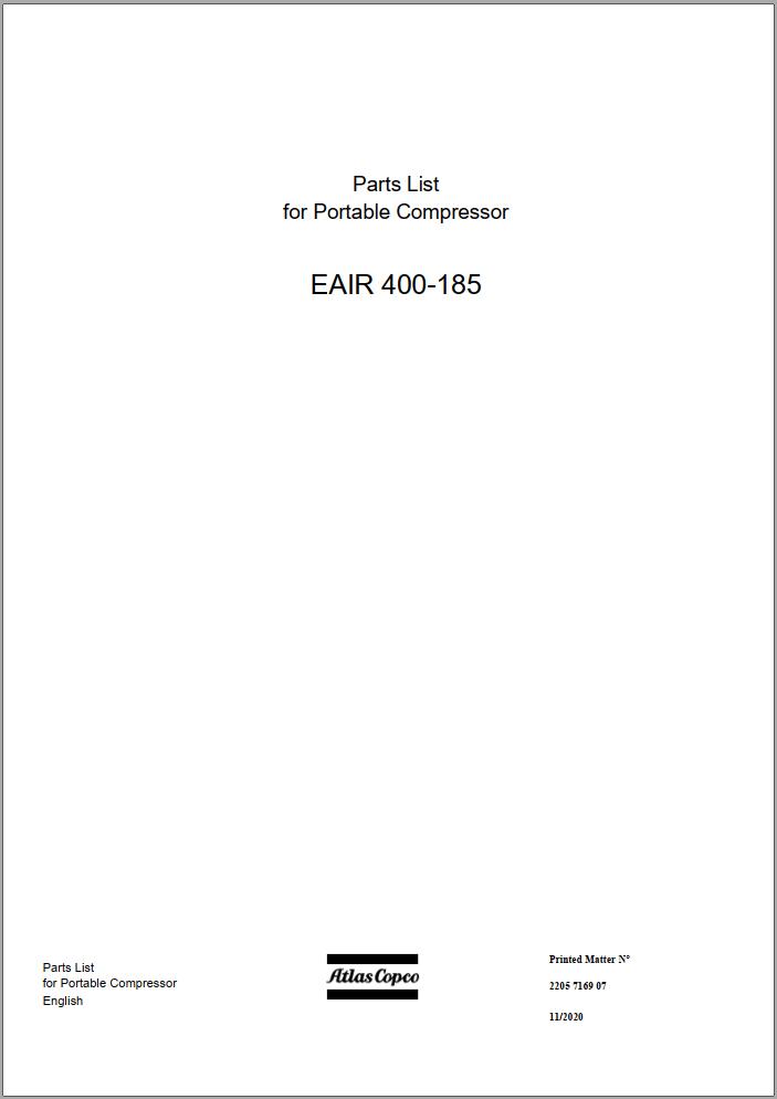 Atlas Copco Portable Compressors EAIR 400 185 Parts List 2205 7169 07 2020