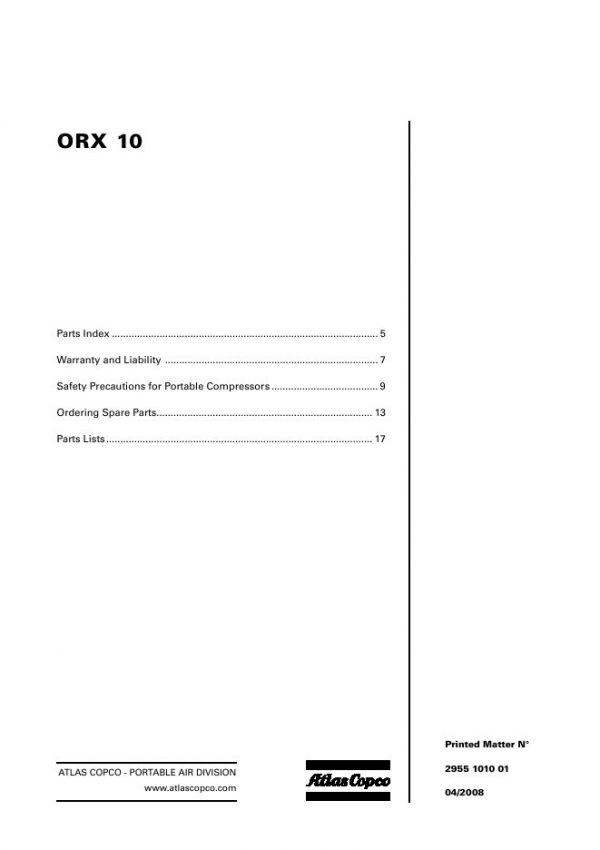 Atlas Copco Portable Compressors ORX 10 Parts List 2955 1010 01 2008