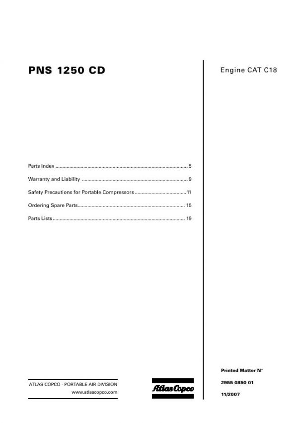 Atlas Copco Portable Compressors PNS 1250 CD Parts List 2955 0850 01 2007