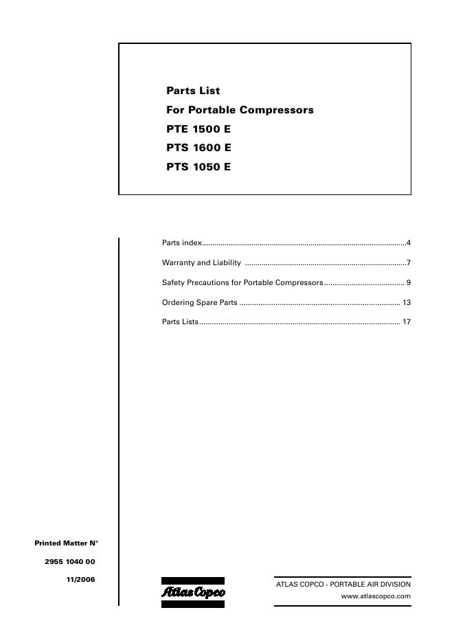 Atlas Copco Portable Compressors PTE 1500 E PTS 1600 E PTS 1050 E Parts List 2955 1040 00 2006